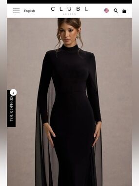 Elegant Black Long-Sleeve Cape Gown - Classic Evening Dress